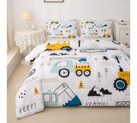 Loussiesd Cartoon Car Bambini Comforter Set di Costruzione Set di Biancheria Da Letto Attrezzature Decor Camion Consolatore Cartoon Auto Escavatore Trattore Bianco Giallo Set Trapunta Camera Da