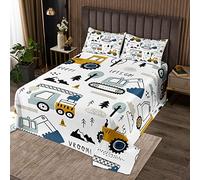Loussiesd Cartoon Car Kids Copriletto Costruzione Coverlet Set Decor Equipment Trucks Trapuntato Coverlet Cartoon Auto Escavatore Trattore Bianco Giallo Trapuntato Camera da letto 3 pezzi K260x240cm