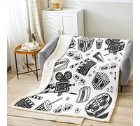 Loussiesd Cinema Elements - Coperta in pile per cinema e cinema, in peluche, colore nero, bianco, stile sherpa, biglietto vintage per cinema e popcorn, per divano letto, matrimoniale, 150 x 199 cm
