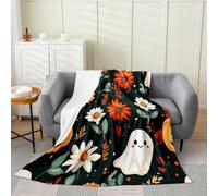 Loussiesd Coperta in peluche con fantasma, 228 x 228 cm | Coperta in flanella con girasole e margherite, zucca per Halloween, per tutte le stagioni, per divano, letto, divano