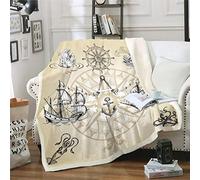 Loussiesd Coperta in peluche stile nautico vintage con bussola, barca a vela, ancora, mare, onde oceaniche, stile Sherpa, in pile, coperta pelosa, matrimoniale, 152,4 x 200,7 cm