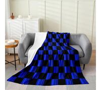 Loussiesd Coperta in pile a scacchi astratto ombré coperta in flanella peluche sfocata moderna geometrica blu nero per letto, divano, sedia, soggiorno, graziosa neutra, plaid estetico, 101 x 127 cm