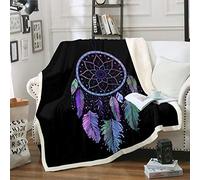 Loussiesd Coperta in pile con acchiappasogni, stile bohémien, con acchiappasogni, decorativa, coperta in peluche per divano letto, stile bohémien, coperta sherpa con piume indiane, elementi tribali