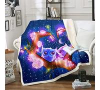 Loussiesd Coperta in pile con gufi dei cartoni animati, per bambini, adulti, 3D, in peluche, motivo: galassia botanica, floreale, sfocata, per divano, cielo stellato, camera matrimoniale, 150 x 199 cm