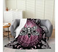 Loussiesd Coperta in pile con stampa di teschi e falene, stile bohémien | Coperta in flanella con farfalla in stile bohémien, con stelle, luna e fiori, per letto, divano, sedia, soggiorno