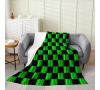 Loussiesd Coperta in pile di flanella a scacchi, motivo astratto ombré, 228 x 228 cm, moderna, geometrica, verde, nero, coperta in pile per bambini, donne, uomini, graziosa, neutra, a quadri