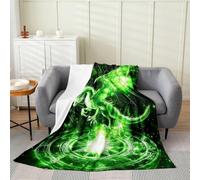 Loussiesd Coperta in pile di flanella con drago, tema mostro magico, per letto singolo, 127 x 152 cm, motivo animali della giungla verde, per bambini, donne, uomini, per letto, divano, sedia