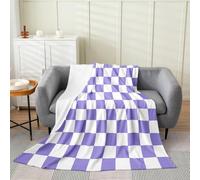 Loussiesd Coperta in pile retrò a scacchi viola plaid coperta di flanella peluche pelosa geometrica vintage per letto, divano, sedia, soggiorno, moderna semplice estetica estetica doppia, 152 x 200 cm