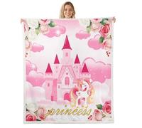 Loussiesd Coperta in pile Sherpa con castello delle principesse e grazioso unicorno, super morbida e accogliente, per l'inverno, in peluche, per letto matrimoniale, 152 x 200 cm, rosa, per tutte le