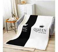 Loussiesd Coperta in pile Sherpa, con corona, regina e re per lui e lei, per amante, romantico, regalo di San Valentino, in pile bianco e nero, per camera king size, 220 x 239 cm