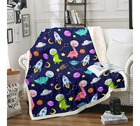 Loussiesd Coperta in pile Sherpa con dinosauri, coperta in pile con illustrazione di spazio esterno, dino in stile cartone animato, coperta in pile in peluche per letto, divano, camera dei bambini