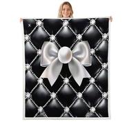 Loussiesd Coperta in pile sherpa con fiocco glitterato per divano, super morbida e accogliente, con motivo a diamante e perle, per l'inverno, con papillon in peluche, 76 x 101 cm, per tutte le