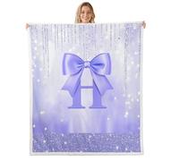 Loussiesd Coperta in pile Sherpa con fiocco viola per divano, lettera H, super morbida, accogliente, in pile con glitter, per l'inverno, con grazioso fiocco dell'alfabeto, 101 x 127 cm, per tutte le