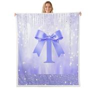 Loussiesd Coperta in pile Sherpa con fiocco viola per divano, lettera T, super morbida e accogliente, in pile con glitter, per l'inverno, con grazioso fiocco dell'alfabeto, 101 x 127 cm, per tutte le