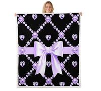 Loussiesd Coperta in pile sherpa con fiocco viola per divano, super morbida e accogliente, con motivo a rombi e perle, per l'inverno, coperta in peluche Kawaii per bambini, 76 x 101 cm, per tutte le