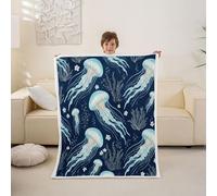 Loussiesd Coperta in pile Sherpa con meduse per divano, mare e mondo sottomarino, super morbida e accogliente, coperta a tema creature oceaniche, per l'inverno, 101 x 127 cm, per tutte le stagioni