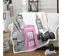 Loussiesd Coperta rosa per cabina telefonica, per bambini, ragazze, donna, Big Ben, in pile, stile vintage, stile urbano britannico, coperta in peluche stile europeo, decorazione per la stanza