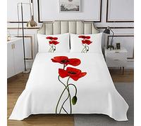 Loussiesd Copriletto trapuntato con papavero per bambini e ragazze set copriletto trapuntato con fiori rossi e fiori bianchi trapuntati per letto 2 pezzi170X230cm