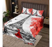 Loussiesd Copriletto trapuntato con torre Eiffel Parigi per bambini e ragazze con fiori rossi set copriletto trapuntato francese Paris Cityscape trapuntato king size240x220cm