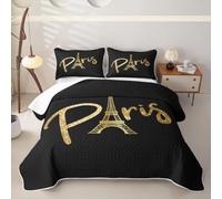 Loussiesd Copriletto trapuntato King Size Torre Eiffel | Paris Decor - Set di biancheria da letto trapuntata con motivo di viaggio, 3 pezzi, con 2 federe, colore: nero e oro