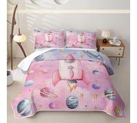 Loussiesd Copriletto trapuntato per letto singolo, 2 pezzi, stampa razzi | Outer Space - Set di biancheria da letto in microfibra leggera, motivo: pianeti, universo e 1 federa