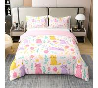 Loussiesd Copripiumino 100% cotone, misura singola | Set di biancheria da letto per bambini e bambine, motivo: gattini, con animali kawaii, 2 pezzi, chiusura con cerniera