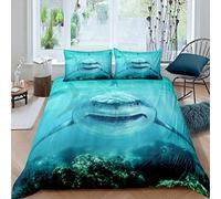 Loussiesd Copripiumino 3D con squalo vita marina, oceano, squalo, set di biancheria da letto subacquea, con animali acquatici, decorazione della stanza, 2 pezzi 135X200cm