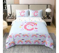 Loussiesd Copripiumino blu arcobaleno in 100% cotone, super king size, con iniziale C, per ragazzi e ragazze, set di biancheria da letto a forma di cuore, 3 pezzi, decorazione per camera d'amore