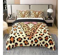 Loussiesd Copripiumino con stampa leopardata, 100% cotone, per letto matrimoniale, con lettera iniziale V, per ragazzi e ragazze, con fiocco rosa, decorazione per camera da letto, 3 pezzi, chiusura a