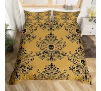 Loussiesd Copripiumino damascato floreale super king size ragazzi ragazze vintage jacquard set di biancheria da letto traspirante giallo nero copripiumino 3 pezzi esotico zucchero teschio decorazione