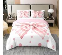 Loussiesd Coquette Bows - Set di biancheria da letto per letto matrimoniale, 100% cotone, per ragazzi, ragazze, bambini, con fiocchi rosa, decorazione per la stanza, motivo a pois, 3 pezzi