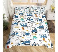 Loussiesd Costruzione dei bambini Copripiumino 140x200cm Dinosaur Veicoli da Costruzione Set da Letto Camion Attrezzature Copripiumino Jungle Dino Truck Blu Biancheria da letto Set