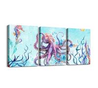 Loussiesd Decorazione da parete per bambini con polpo e oceano, decorazione da parete su tela, per soggiorno, camera da letto, polipo, mare, decorazione da parete, 40 x 30 cm, 3 pezzi