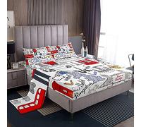 Loussiesd Doodle - Set di lenzuola, motivo: autobus a due piani Londra, per bambini, ragazzi e ragazze, set di biancheria da letto rosso con cabina telefonica e Big Ben, 3 pezzi, per letto singolo