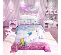 Loussiesd Dreamy Unicorn Copriletto 135x200cm Taglia Bambini Ragazze Rosa Viola Trapuntato Set Letto per Le Donne Colore Rainbow Horse Con 1 Federa Morbida Microfibra Inverno Estate Piumino