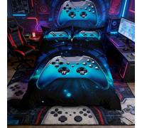 Loussiesd Galaxy Gamepad Set copripiumino 3D per videogiochi,set di biancheria da letto,per bambini,ragazzi,blu,con gradiente di gioco e controller per videogiochi,set di 3 pezzi