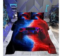 Loussiesd Gamer Gaming - Set di biancheria da letto per videogiochi, per bambini, ragazzi, ragazzi, uomo, decorazione moderna per camera da letto, piumino, rosso, blu, 3 pezzi, 230x220cm