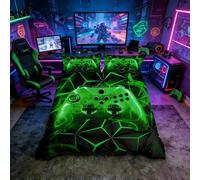 Loussiesd Gamer Set di biancheria da letto per bambini,con copripiumino e copripiumino per videogiochi,motivo fumé,motivo geometrico,colore verde,per camera da letto,con 1 federa con cerniera