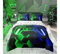 Loussiesd Gamer - Set di biancheria da letto per bambini, ragazzi, ragazze, adolescenti, camera da letto, arredamento, verde e blu, console di gioco, copripiumino 140 x 200 cm gamepad cellulare