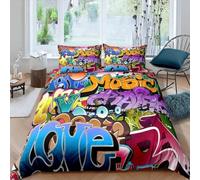 Loussiesd Graffiti Style Bedding Set Bambini Hip Hop Comforter Cover per Ragazzi Youth Illustrazione, Giovane Uomo Copripiumino Street Culture 3 Pz Doppio copriletto con cerniera