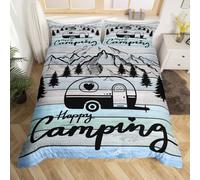 Loussiesd Happy Camping - Set di biancheria da letto rustica per letto junior/culla, 2 pezzi, copripiumino per ragazzi e ragazze, decorazione per camper, colore grigio blu vintage