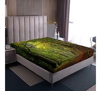 Loussiesd - Lenzuolo con angoli per letto matrimoniale, motivo foresta autunnale, con albero, con stampa nebbiosa, in microfibra, leggero, morbido, con stampa di scene forestali, colore: verde
