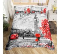 Loussiesd London - Set di biancheria da letto per coppie, in morbida microfibra, motivo: Big Ben, colore grigio e rosso, motivo autobus a due piani, con motivo baia e baia, decorativo, con cerniera e