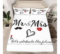 Loussiesd Mr Mrs - Set di biancheria da letto per coppie, con lenzuolo con angoli per coppie di sposi, colore: bianco e nero, con citazioni divertenti, moderno, per San Valentino, senza lenzuolo, king