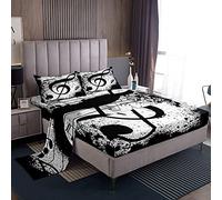 Loussiesd Music Notes Lenzuolo con angoli Rock Music Set di biancheria da letto musicale Set di lenzuola per bambini adulti grunge copertura ultra morbida nera bianca king size 4 pezzi