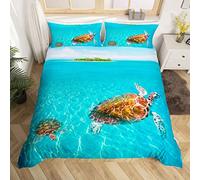 Loussiesd Ocean Beach - Set copripiumino king size, motivo: tartaruga marina, 3D con stampa di animali marini in microfibra, con 2 federe per cuscino, 3 pezzi, con cerniera, morbido