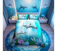 Loussiesd per bambini con copripiumino semplice animali dell'oceano 3D per ragazze e ragazzi, 2 pezzi corallo alghe sottomarine su biancheria da letto blu