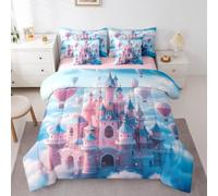 Loussiesd Rosa Blu Castello 7 Pcs Set Principessa Castello Piumino Letto Con Lenzuola 7 Pezzi 200x200cm(7-piece Set) Bambini Principessa Letto Trapuntatos Con Comodino Foglio Piatto Foglio Montato