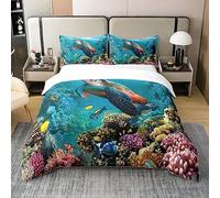 Loussiesd Sea Turtle - Set copripiumino per letto singolo, 100% cotone, motivo: tartaruga di rettile, set di biancheria da letto con copripiumino e copripiumino in stile nautico, colore: blu