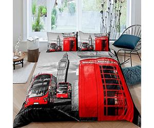 Loussiesd, Set con copripiumino London, per bambini, cabina telefonica rossa, scena romantica della città, vecchia strada, Big Ben, motivo vintage retrò, copripiumino, set da 3 pezzi, misura doppia